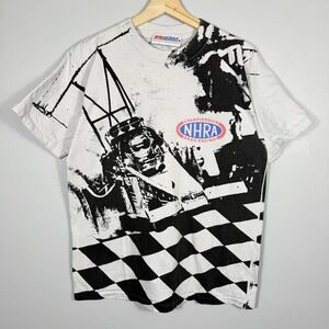 Vintage NHRA Shirt Mens Large Black White Drag Racing All Over Print 90s